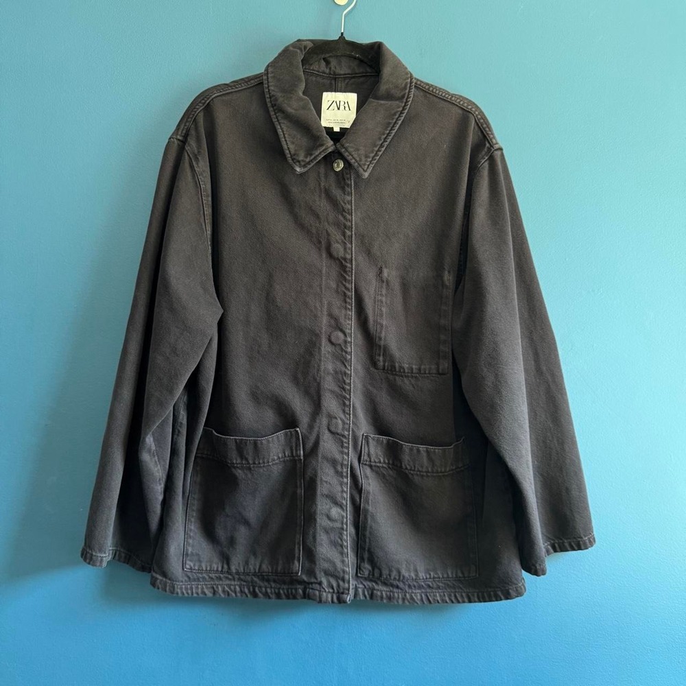 Black Canvas Chore Coat Women's Size XL Zara Collared Snap Front Grunge Gorpcore